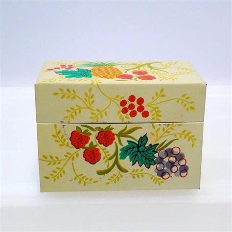 antique metal box with pinaaple on top|Vintage J Chen Metal Hinged Recipe Box Fruit Pineapple Berries .